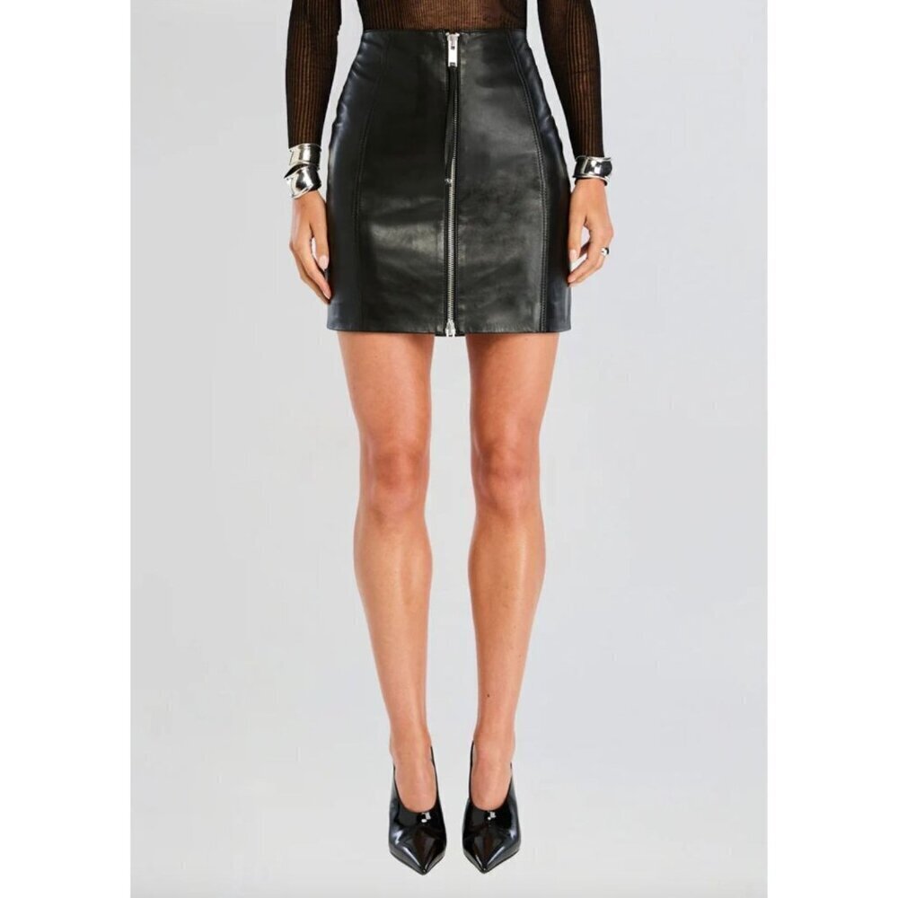 retrofete Adrienne Leather Zip Front Mini Skirt Black Womens Size XS
